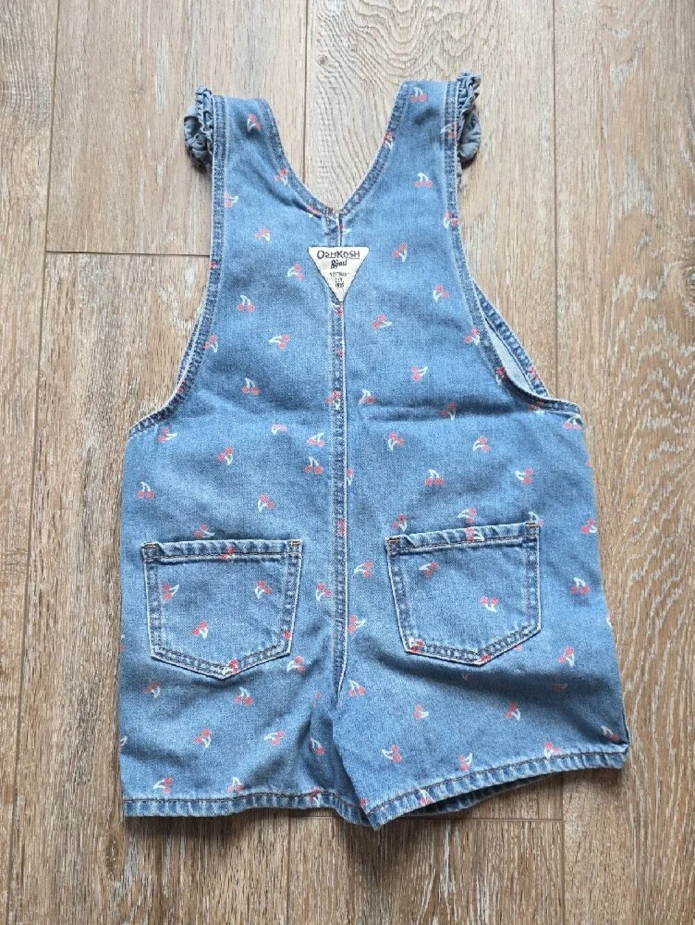 OshKosh B'gosh Light Blue Denim Short Overalls with Cherry Print 3T